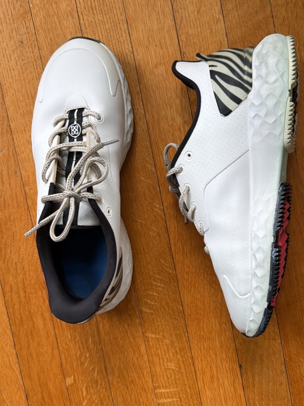 G/FORE White Athletic Sneakers with Black Zebra Heel Accent
